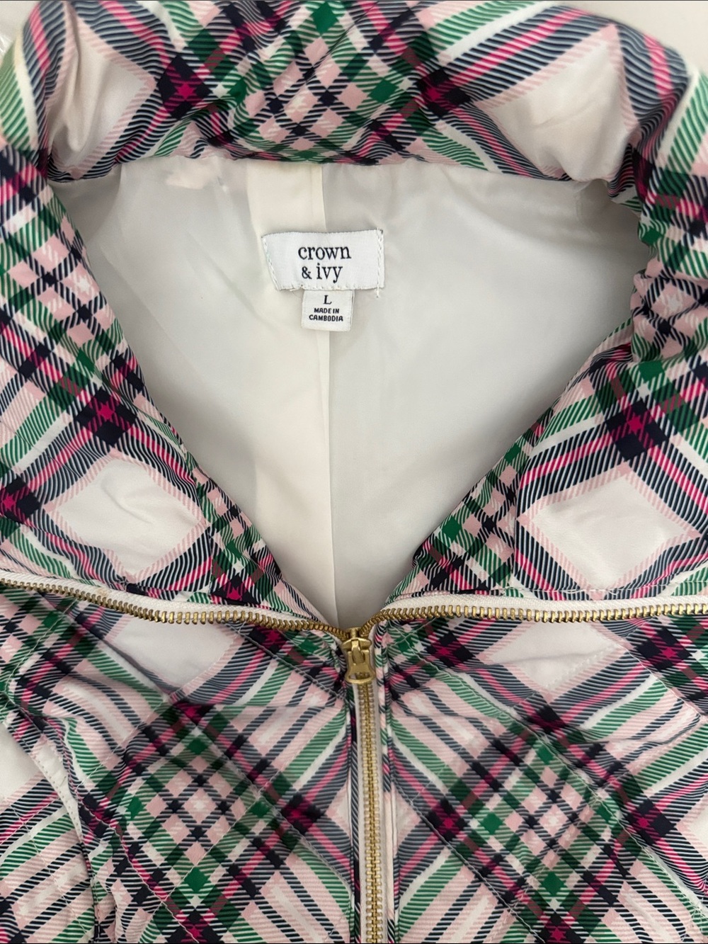 crown & ivy Pink, Green & White Plaid Quilted Vest